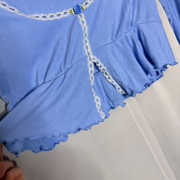 Out From Under Blue Lace Trim Ruffle Crop Top Long Sleeve Rosette Coquette XS - Picture 6 of 11